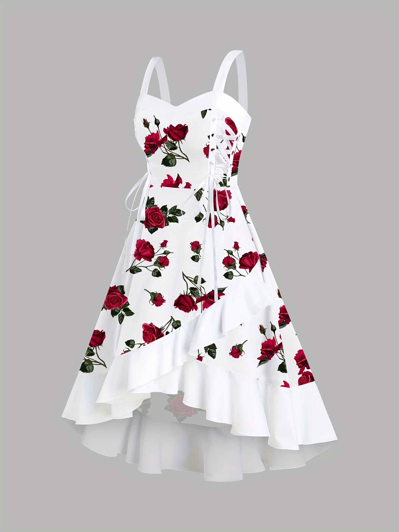womens rose print tie shoulder cross back high low hem daily casual dress   elegant party versatile fashion dress