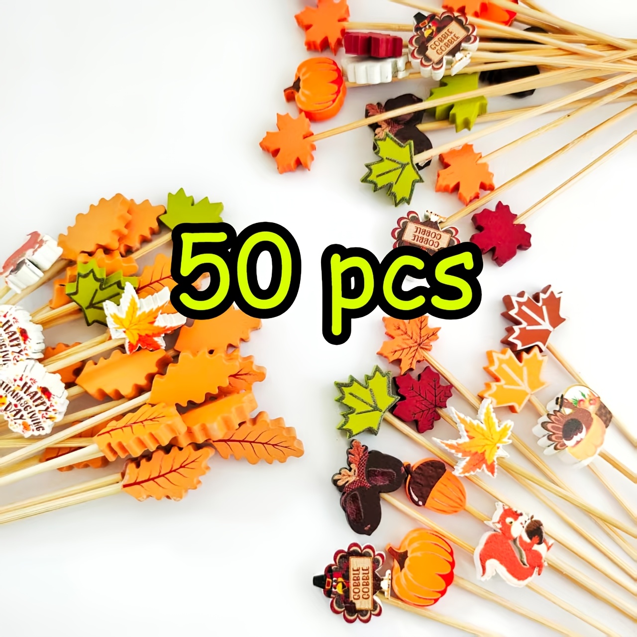 TEMU 50pcs Assorted Fall-themed Bamboo Toothpicks, Cocktail Picks, Party Decor, Drink Garnish, Bar Decoration, Decorative Toothpicks For Appetizers,