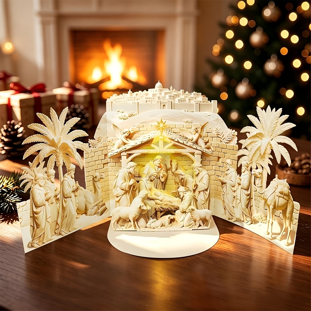TEMU 1pc Laser Cut Nativity Manger 3d Pop Up Christmas Card, Happy New Year And Merry Christmas Card, Party Invitation Card