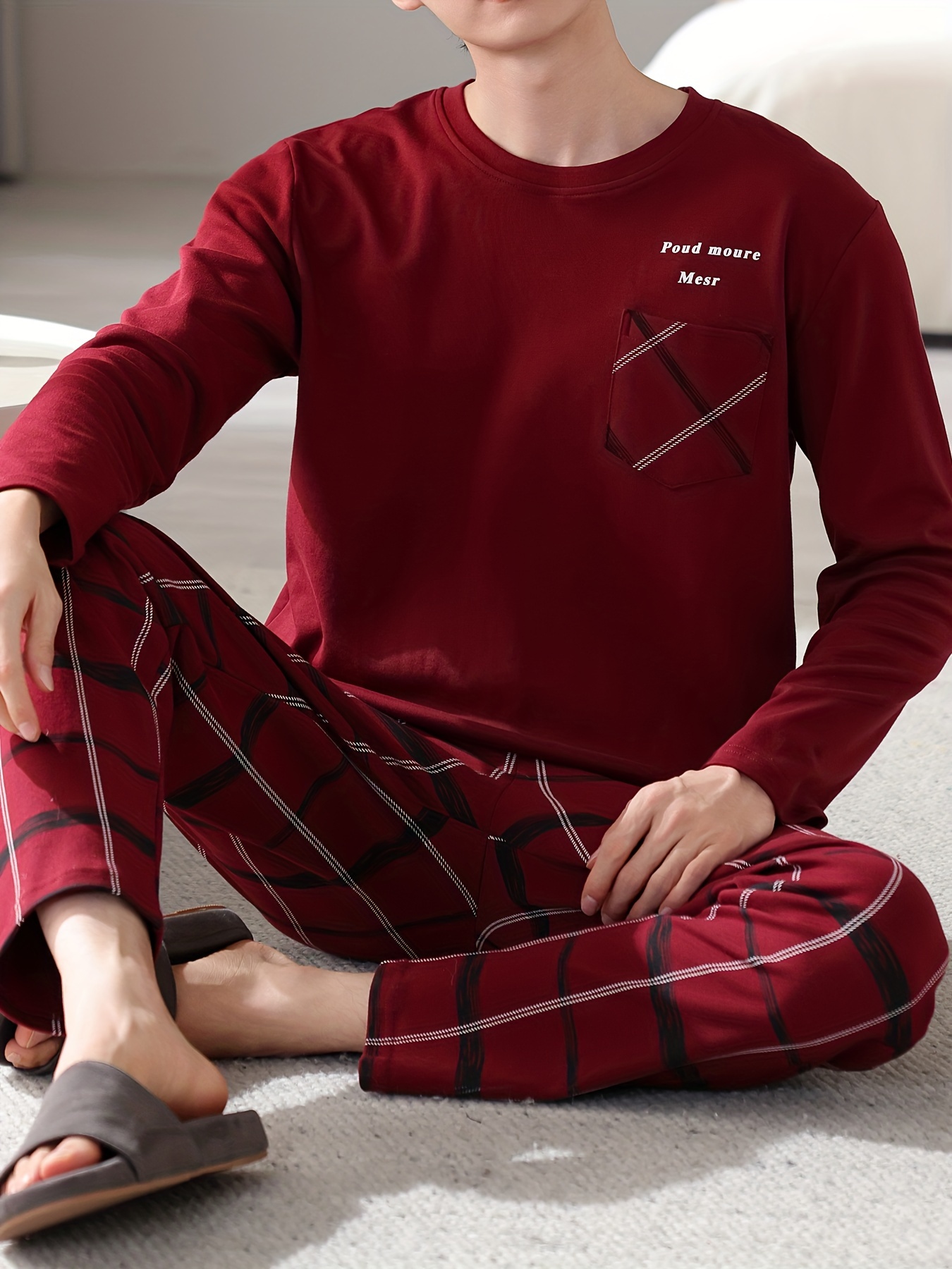 Red Men's Pure Cotton Pajamas Spring and Autumn Long Sleeve Birthday Year Christmas New Year Large Size Home Clothes Round Neck Casual Suit