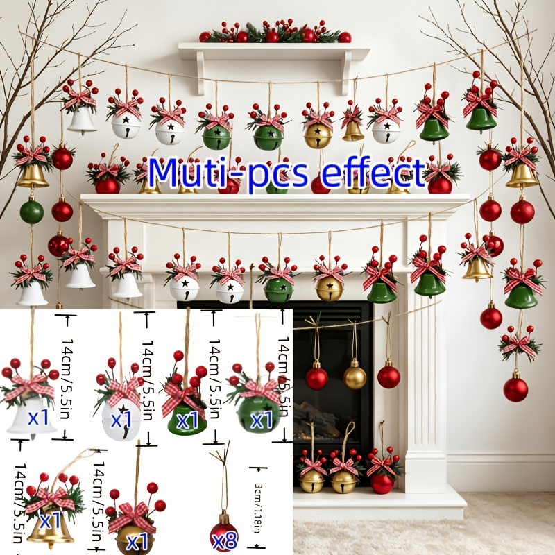 TEMU Juego de 14 piezas: 6 campanas de metal 8 adornos navideños (3 cm). Decoraciones de flores con campanas de Navidad—Adornos colgantes versátiles