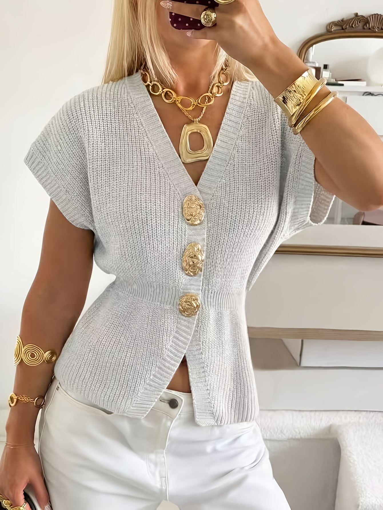 Women's Short Sleeve V-Neck Button-Up Cardigan with Metal Buttons