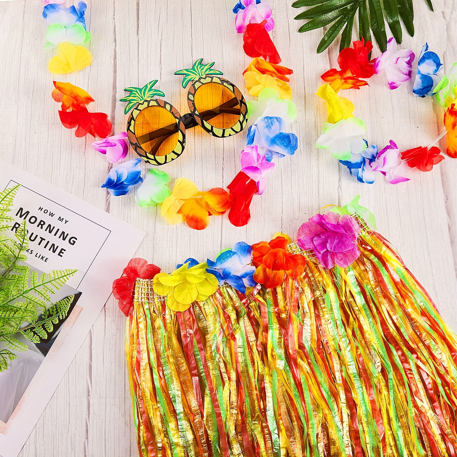 Set De 4 Piezas Para Disfraz Hawaiano: Falda Hula De 80 Cm Con Elástico, Collar Lei De Flores, Diadema Y Pulsera, Perfecto Para Fiestas Luau Y Playa