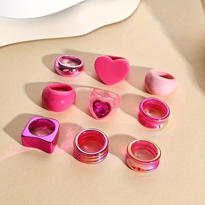Image of 9pcs Popular Rose Pink Floral Heart Resin Big Ring Set Combination Individual Women's Fashion Stackable Ring Gift Women Banquet Party Wear (handmade And Color Difference Are Normal)