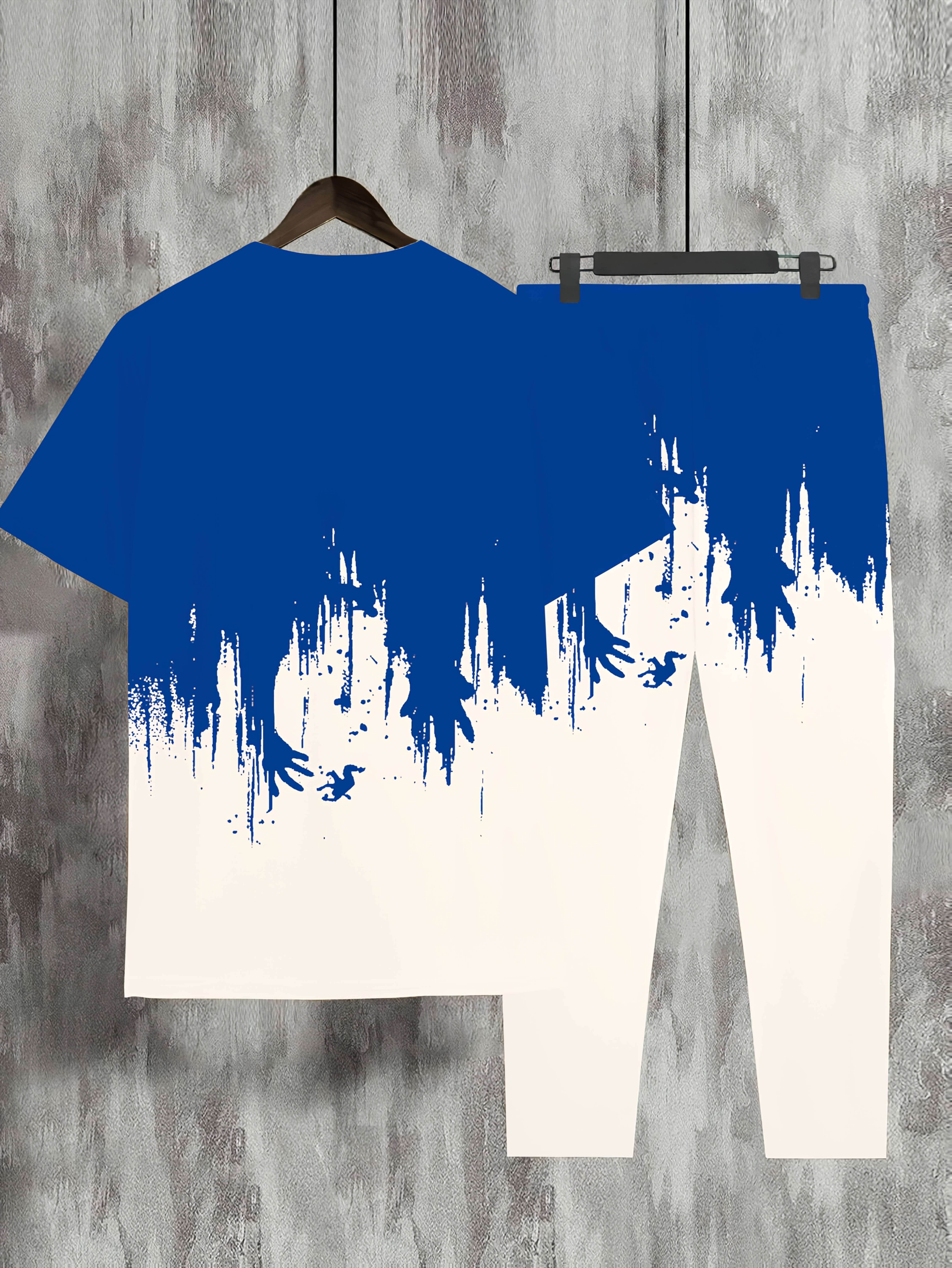 Men'S Casual 3D Digital Print Long Pants and Short Sleeve Set, Crew Neck, Regular Fit, Knit Fabric, Polyester 90%, Spandex 10%, 105g/m², for Spring/Summer/Fall - Weekend Casual Lash Sets