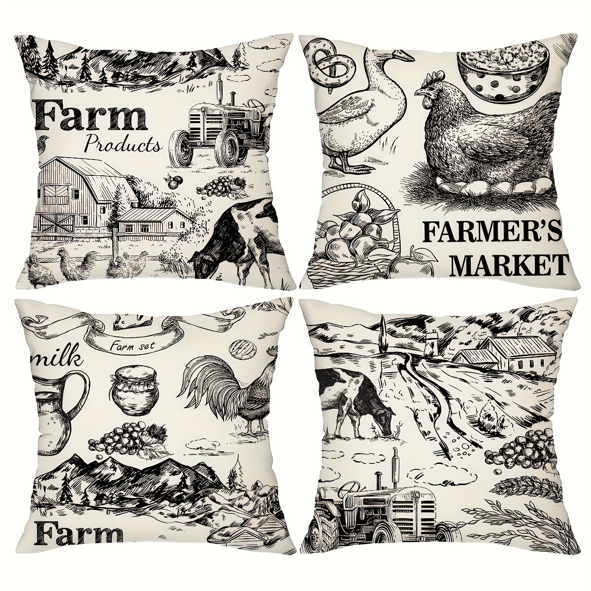 

4-pack Country-rustic Farmhouse Throw Pillow Covers, 18x18", Machine Washable, Vintage Farm Animal & Barn Designs, Linen Feel Polyester With Zipper Closure For Living Room Decor