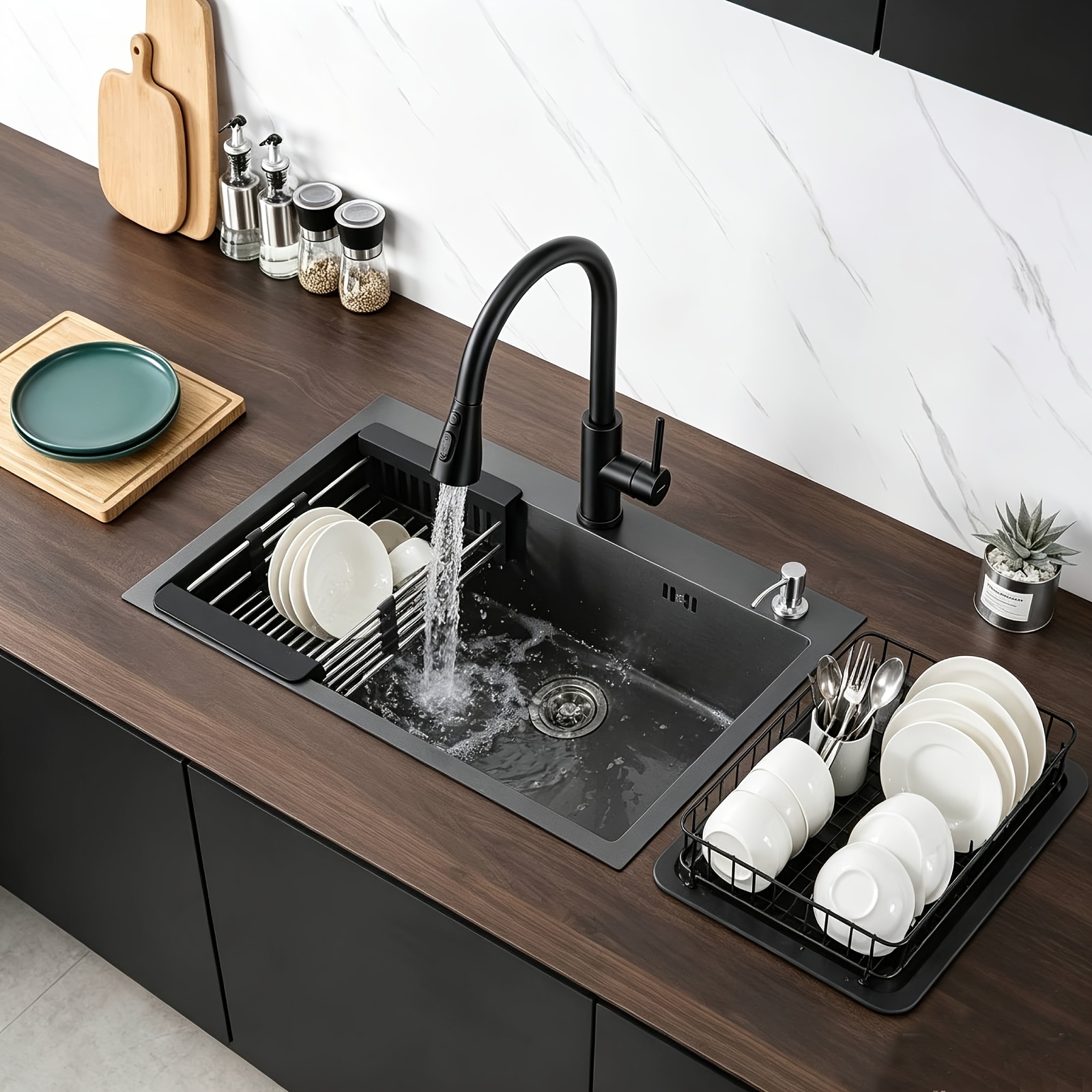TEMU Évier de cuisine noir 50*45cm, vasque unique en acier inoxydable avec robinet rétractable, évier d'évier encastré avec distributeur de savon,