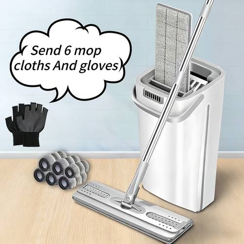 hand wash mop with bucket and 6pcs of cloth and gloves for dry and wet household use one mop for cleaning bedrooms kitchens bathrooms dust removal and floor mopping