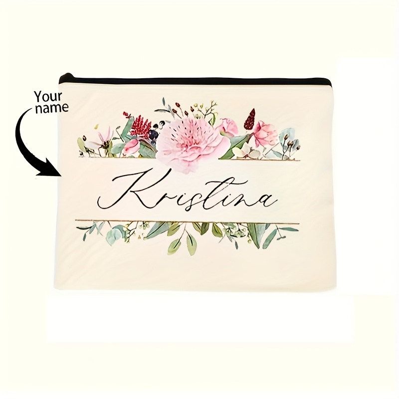 E-shop Personalisierte Make-up-Tasche mit Blumenmuster und Namensdruck, Reise-Kosmetiktasche, Party-Geschenk mit Reißverschluss, Leichte