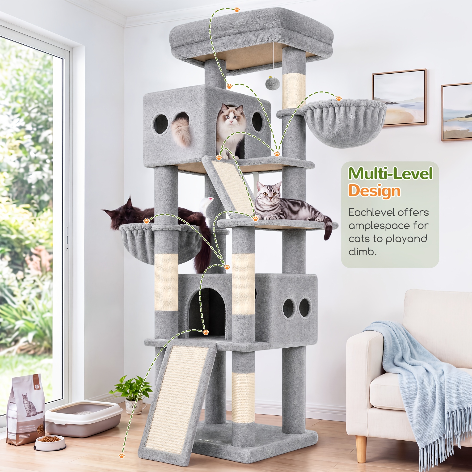 TEMU Globlazer 70 Inch Cat Tower For Large Cats, Multi-level Cat Tree With 2 Condos And 2 Hammocks, Stable Cat Tree With Scratching Boards And