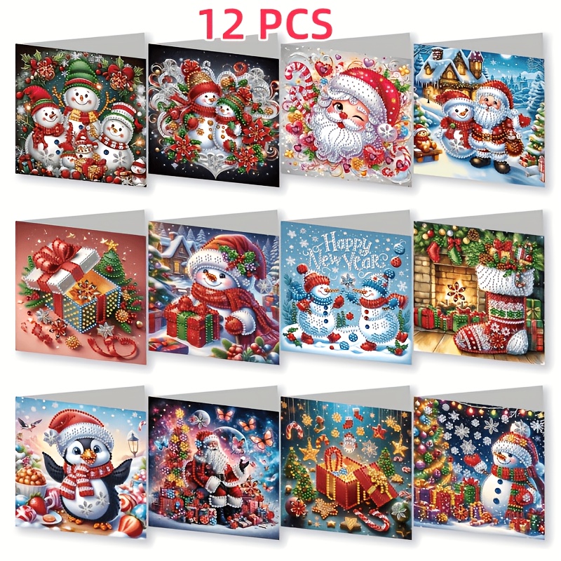 TEMU 12pcs Set/36pcs Set Diamond Painting Christmas Card Set, Art Card, Snowman Santa Claus Square Diamond Card, Diamond Painting Set Adult - Crystal
