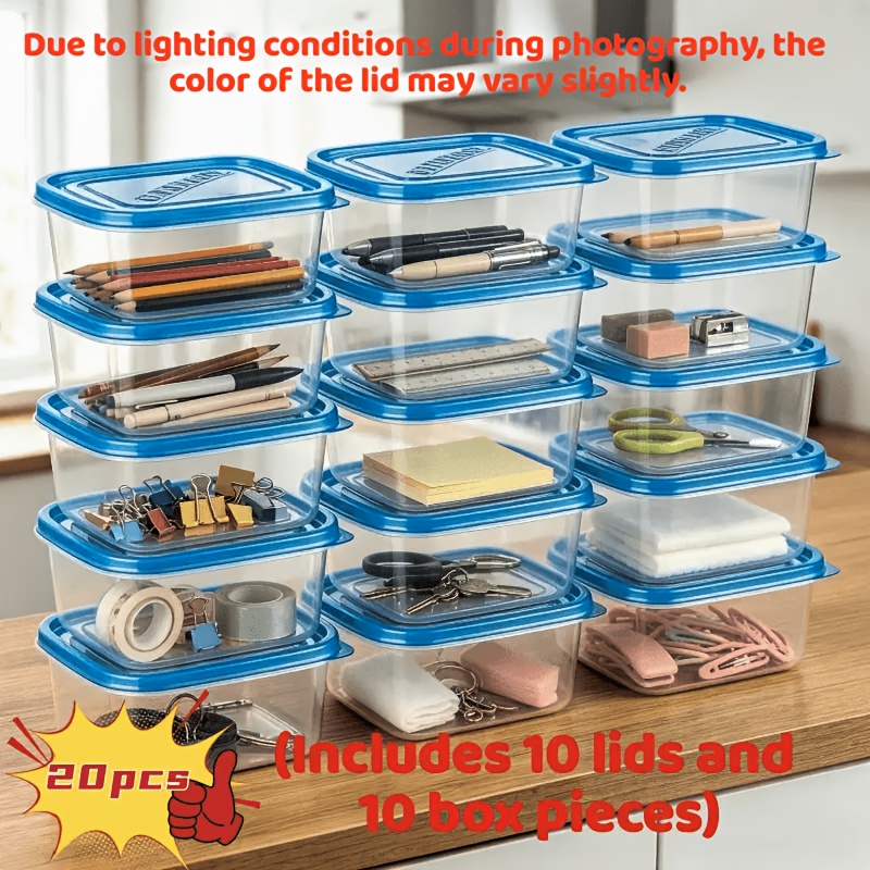 TEMU 20 piezas de cajas de almacenamiento reutilizables de gran capacidad, color azul, 10 tapas + 10 cajas, contenedores de almacenamiento de PP