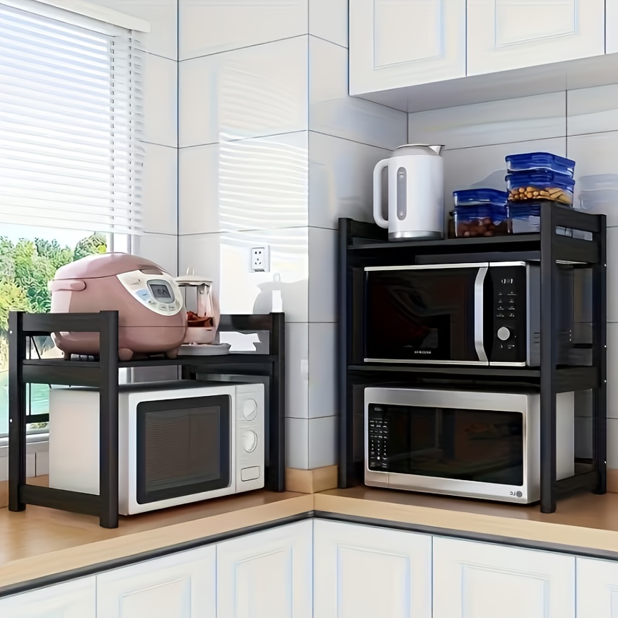 TEMU Expandable 2-tier Kitchen Storage Rack With 6 Hooks, Suitable For Microwave And Oven | Black Metal Countertop Organizer With Open Shelves,