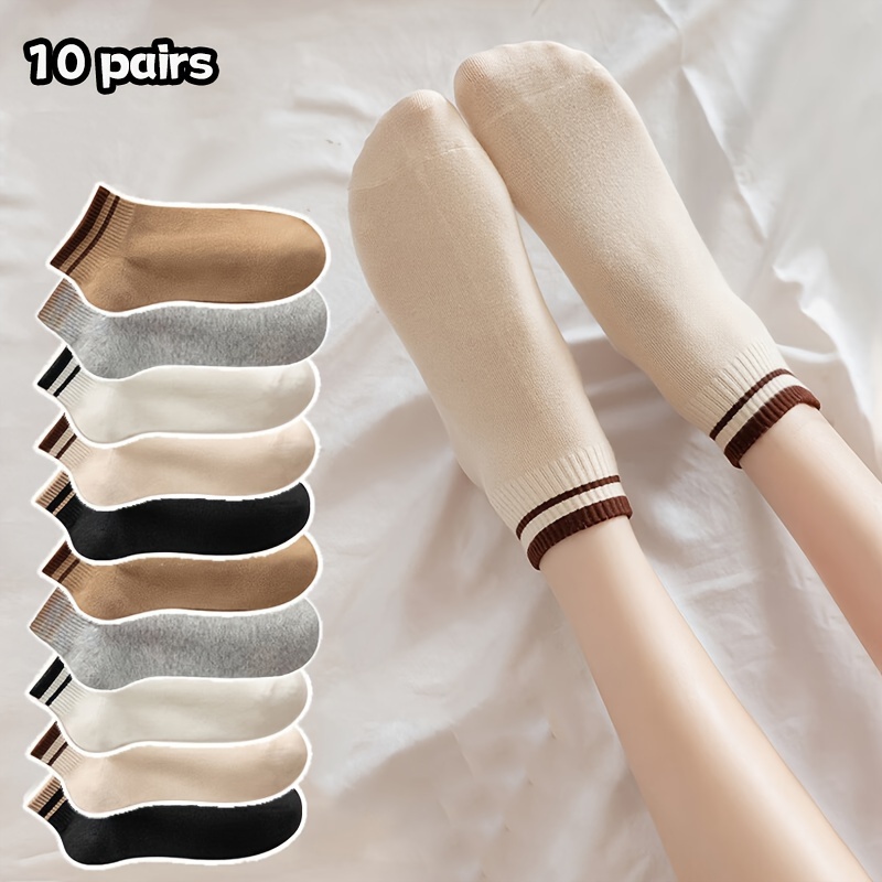 

10pcs Women's Striped Ankle Socks - Breathable & Sweat-wicking, Casual Sporty Short Socks In Assorted Colors With Band For , Polyester/spandex , Cute Socks