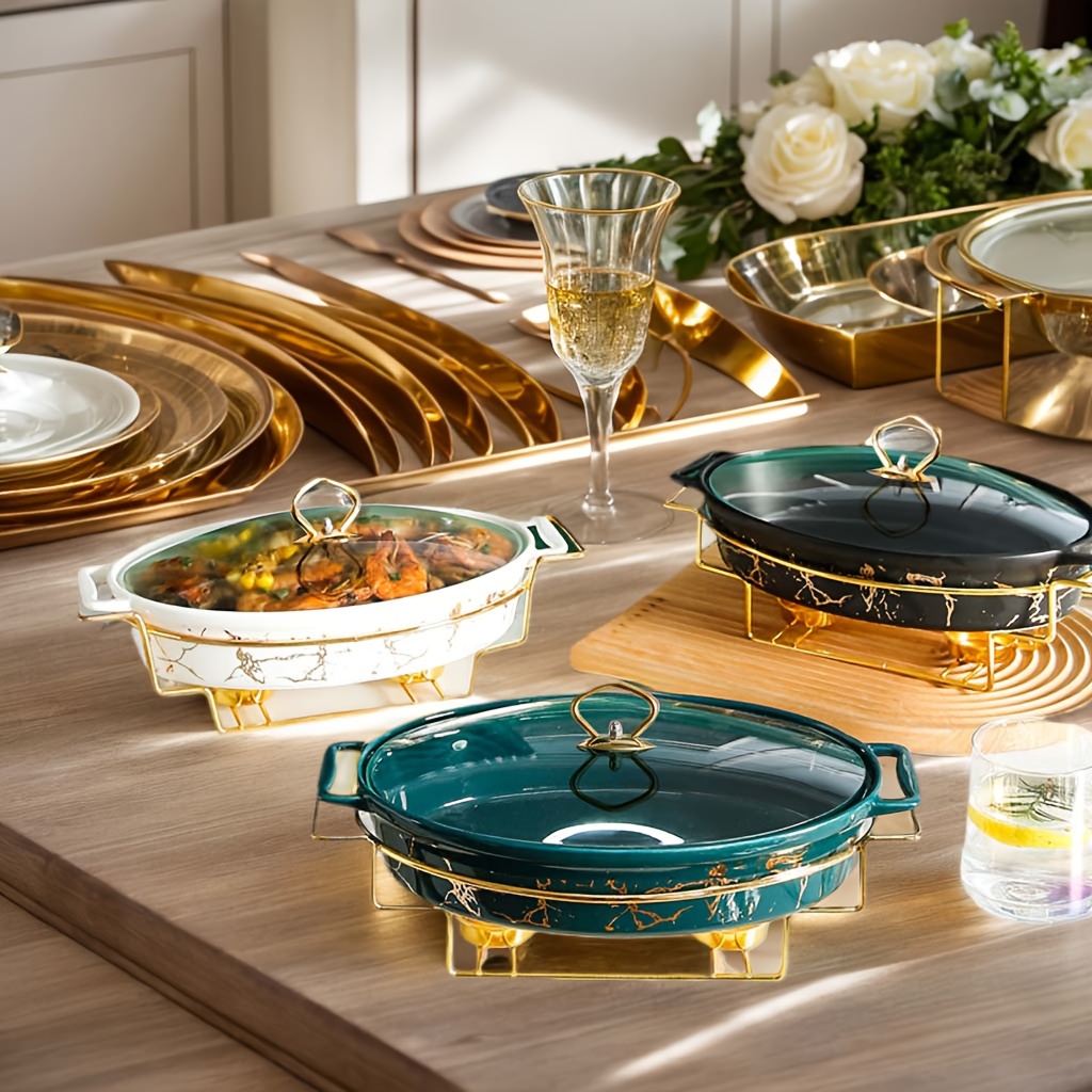 1 Set Keramik Teller für die Küche mit Deckel, Eisenregal und Auflaufform zum Kochen (* zum Kochen)