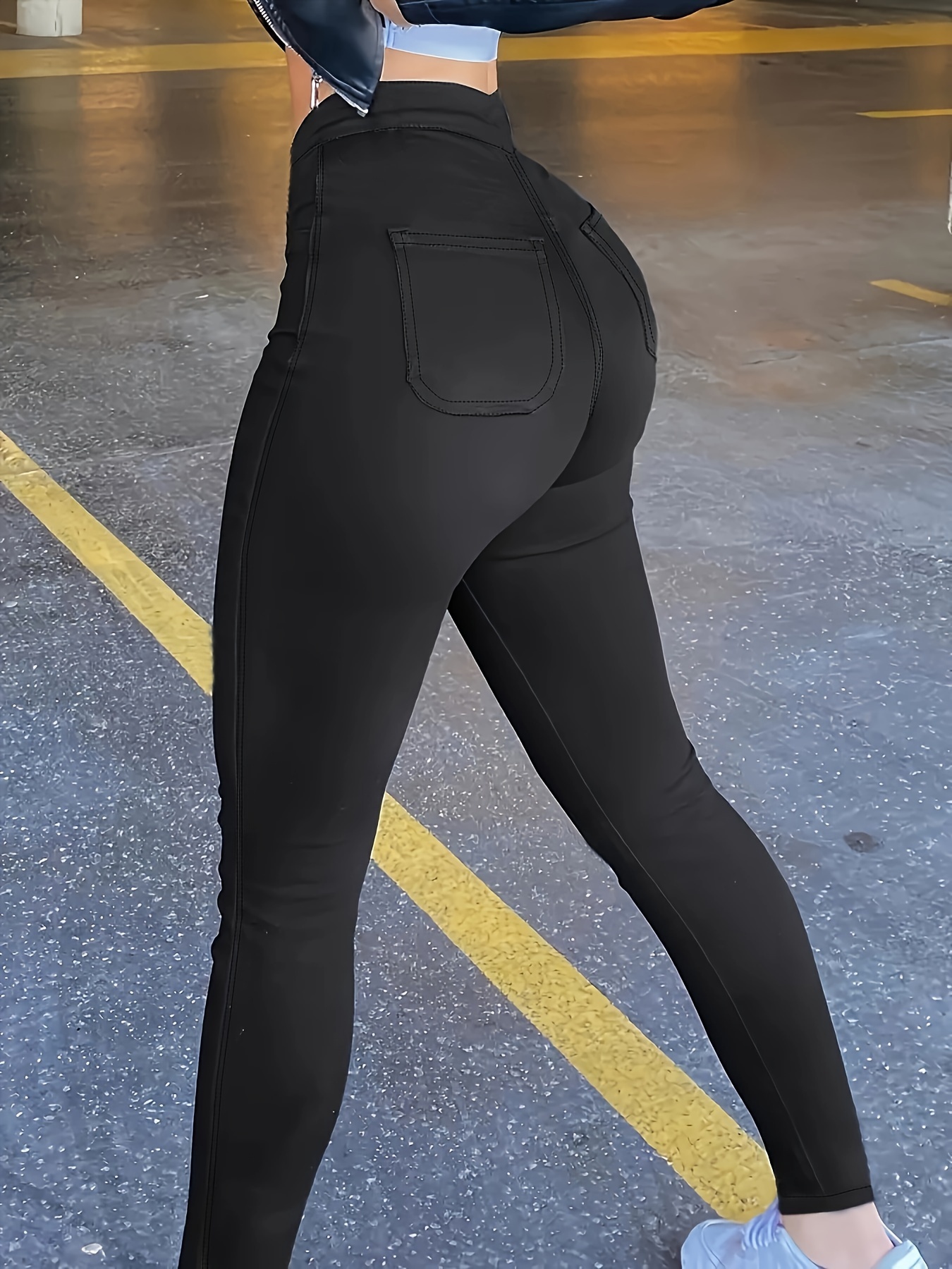 Womens Stretchy Open Butt Skinny Pants Solid Color Hollow Out
