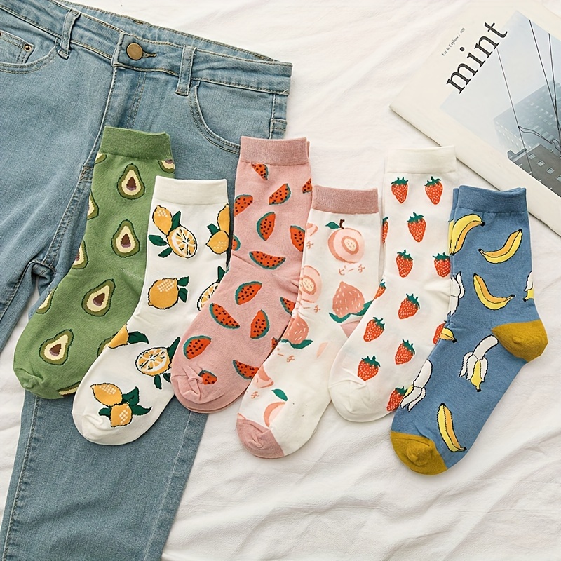 TEMU 6 Pairs Cartoon Fruit Print Socks, Mid Socks, Women's Stockings & Hosiery