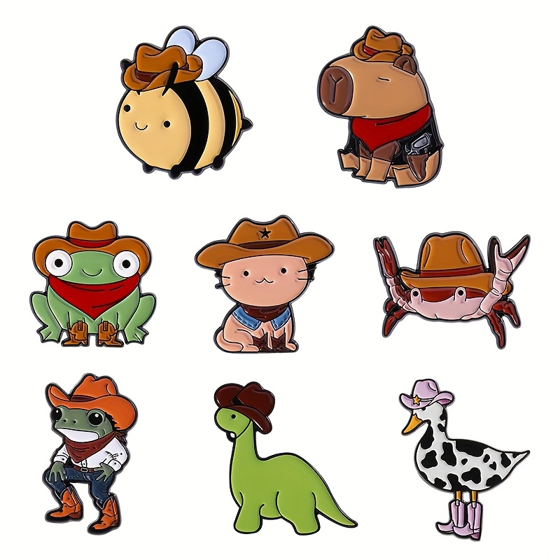 TEMU 8pcs Badges With Cowboy Hats Cute Capybara Frogs Ducks And Other Animals Brooch Chic Enamel Alloy Brooch Unisex Clothes Backpack Hat Accessories