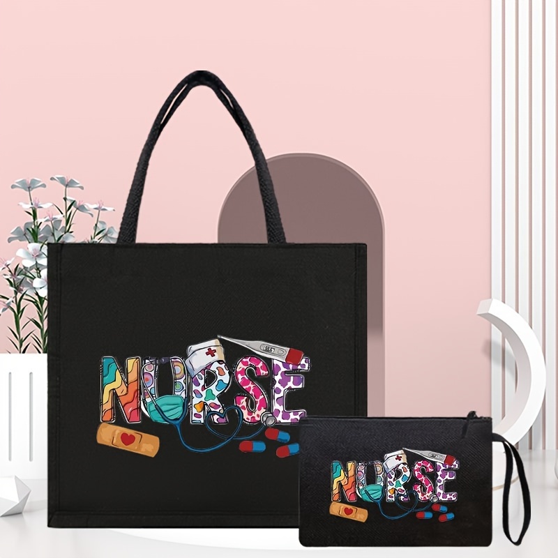 

2-piece Set Burlaptote Bags With Nurse Print, Fashionable Shoulder Bag With Matching Cosmetic Pouch, Nurse Themed Handbag