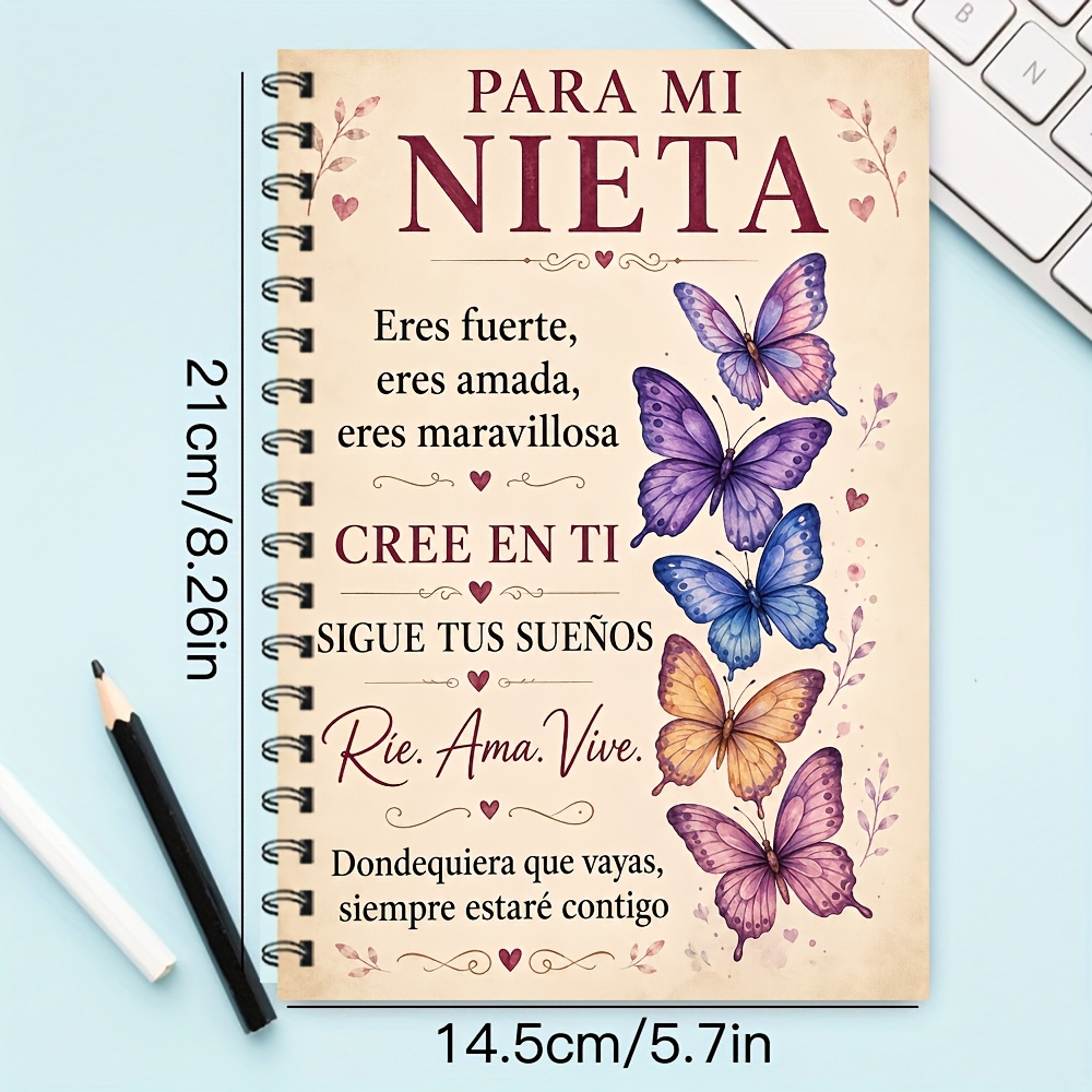 TEMU A5 Spanish Para Mi Encouragement Cover Spiral Notebook, 1pc Journal With Colorful Butterflies, , Tus , Rie Ama And Loving Granddaughter Message,