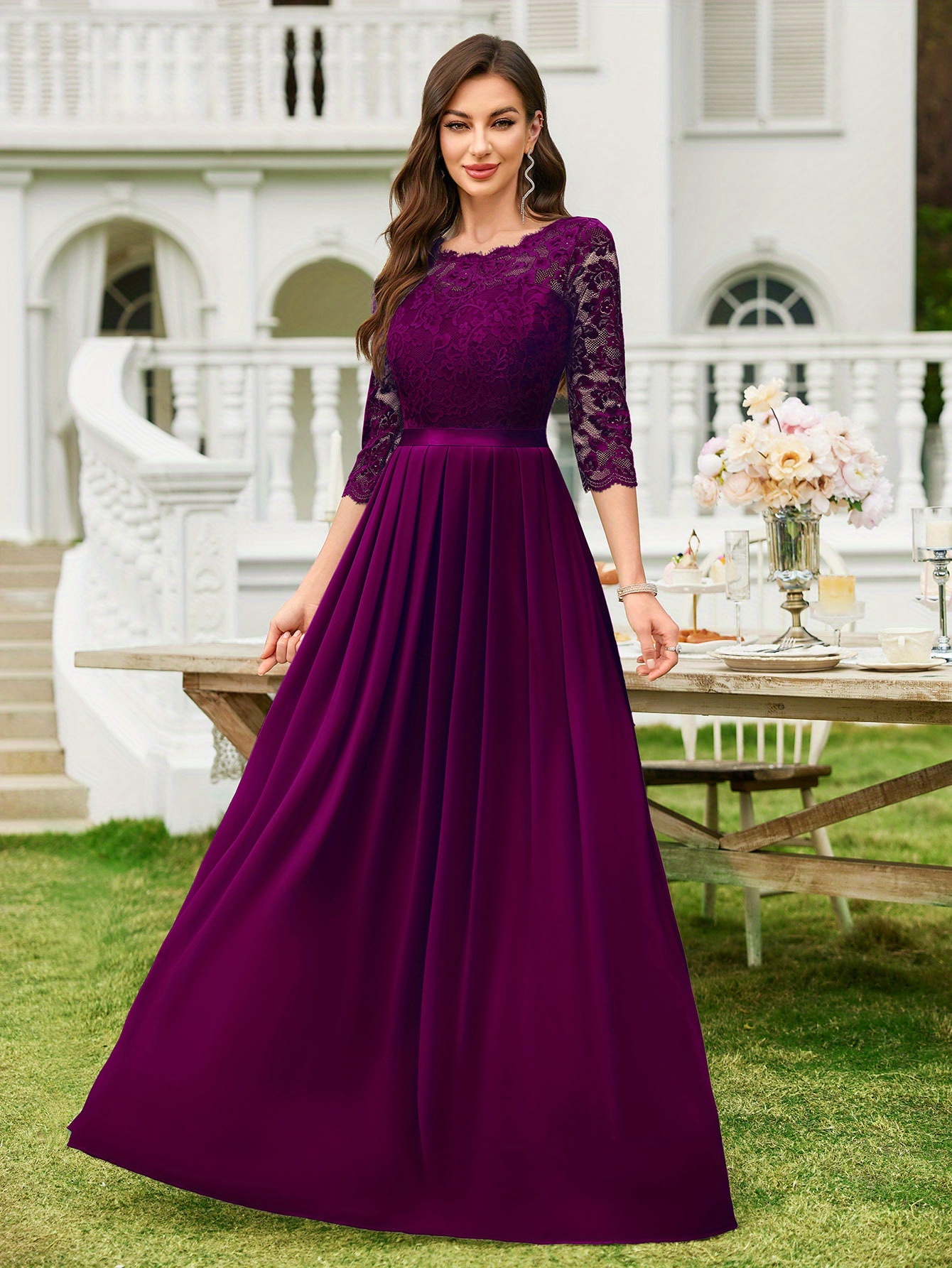 M22073 Women's Elegant Floral Lace Maxi Bridesmaid Dress, 3/4 Sleeves with  Chiffon Hem * Formal Wedding, Evening Party, Prom