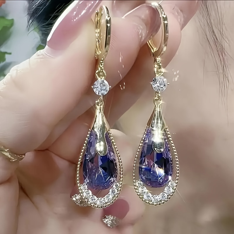 

1 Pair Of Sparkling Purple Droplet Shaped Earrings, Fashionable And Elegant Women's Banquet Party Alloy Jewelry Earrings