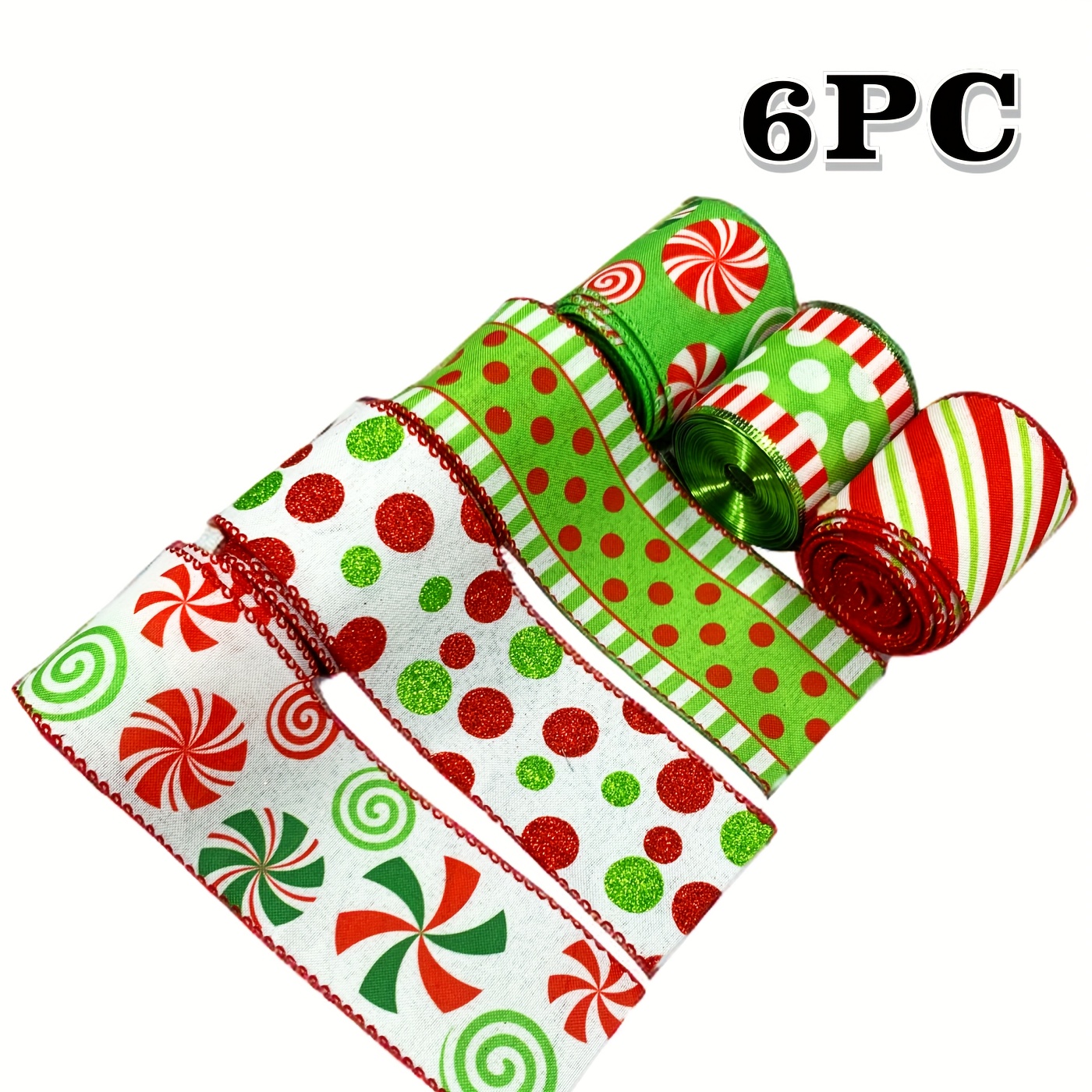 TEMU Set Of 6 Rolls Of Christmas Ribbon With Wired Edges, Measuring 2.5 Inches, Featuring Red And Green Polka Dots, Perfect For Crafting Bows, Gift