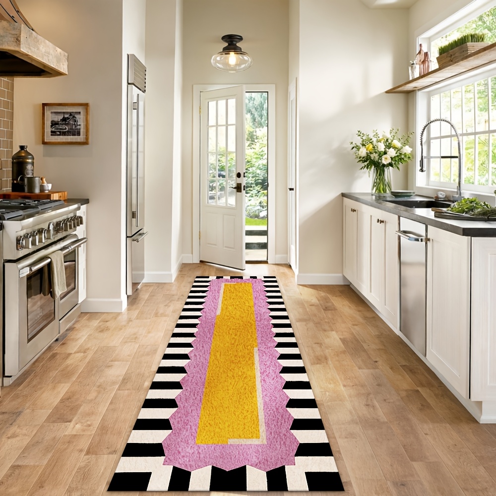 TEMU Modern Runner Rug Suitable For Indoor/outdoor Use - Non-slip Pvc Backing & Machine Washable With Orange Center & Geometric Striped Border, Soft