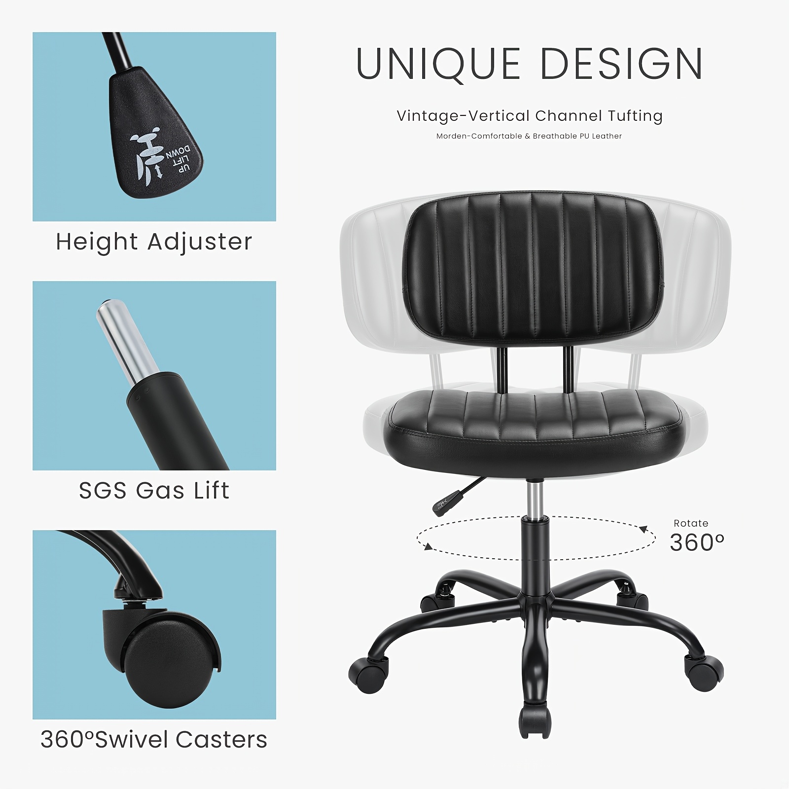 Small Desk Chair Armless, Comfortable Office Chair with Wheels, Rolling Task Chair with Low Back Lumbar Support, Vanity Chair for Bedroom Living Room Study Room, PU Leather 17 Small Desk Chair Armless, Comfortable Office Chair with Wheels, Rolling Task Chair with Low Back Lumbar Support, Vanity Chair for Bedroom Living Room Study Room, PU Leather