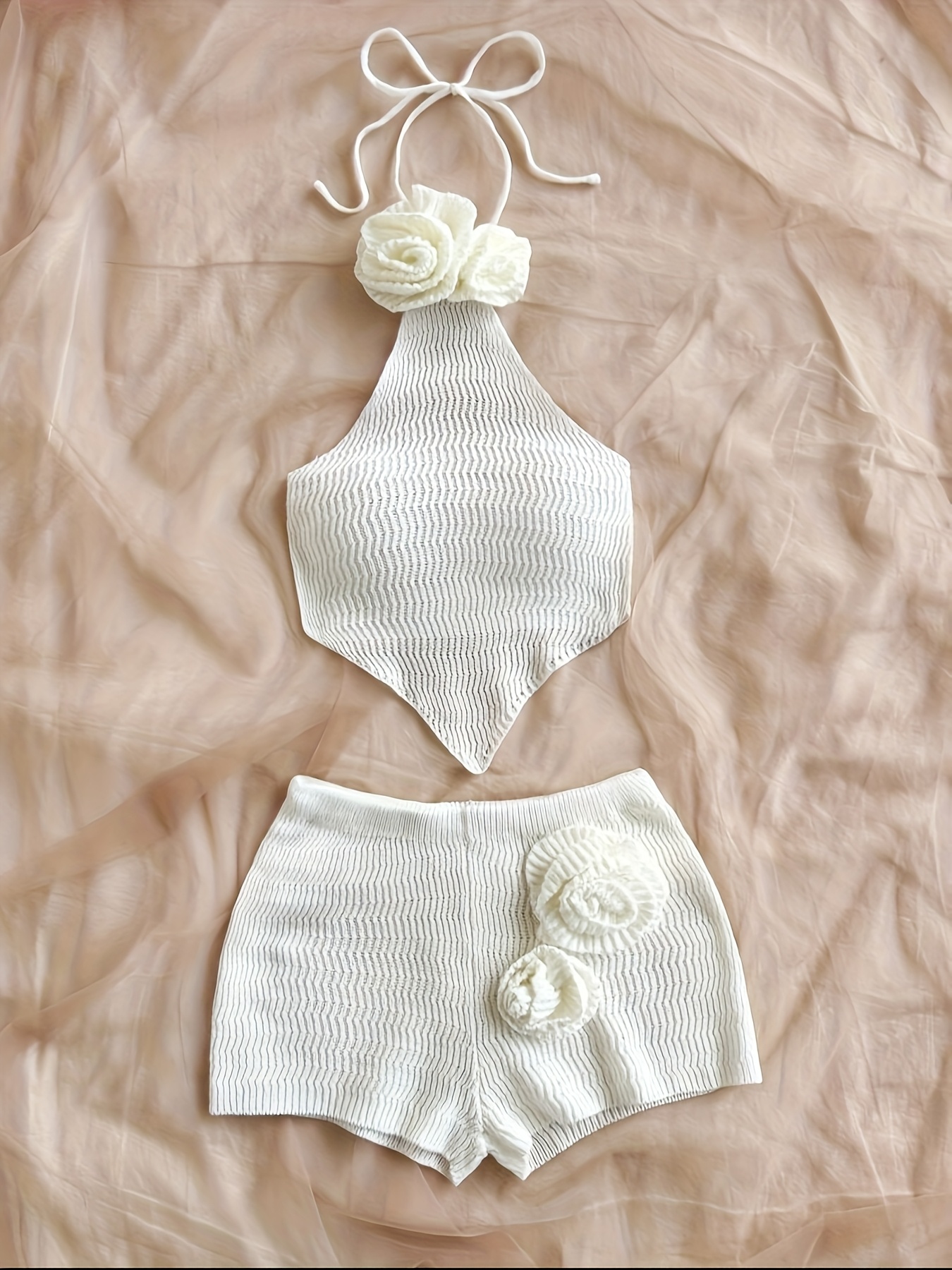 handmade 3d floral halter neck vest with   scarf   backless belly band   short shorts     fabric two piece set summer   Product details 15