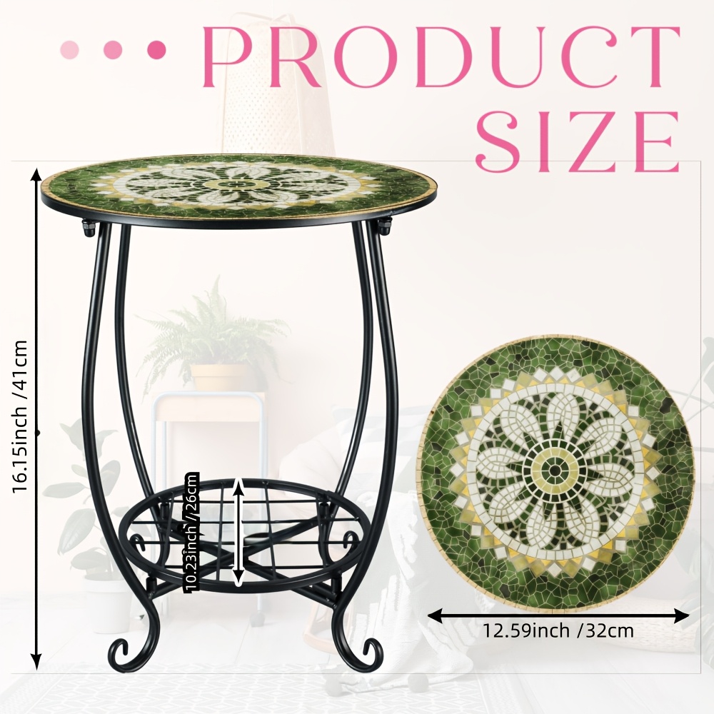 Small Round Metal Side Table with 2-Tier Iron Plant Stand, Retro Mosaic Design