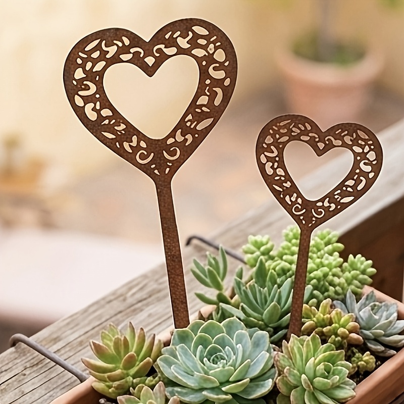 2d flat 2pcs rustic heart garden stakes metal hollow out heart shaped garden art decor vintage   flower pot ornaments for outdoor backyard patio  