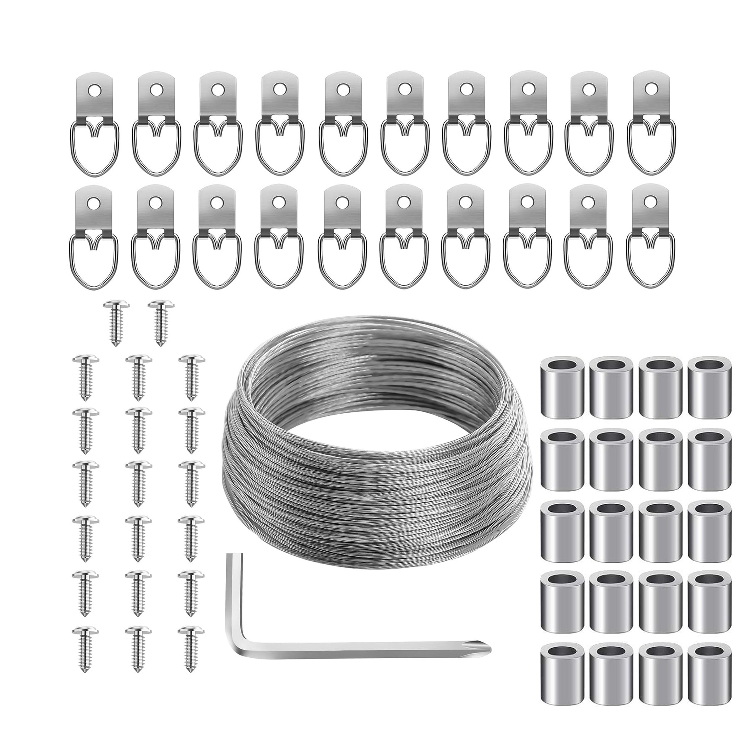 

62pcs Picture Hanging Kit With 32ft Aluminum Alloy Wire, D-ring Hooks & Screws - Complete Wall Art And Frame Mounting Set