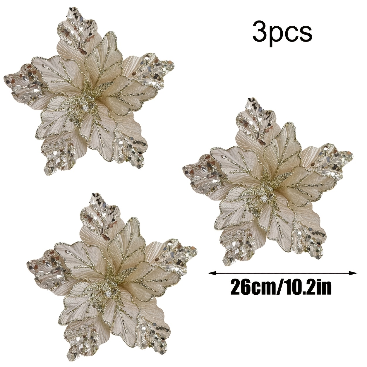 TEMU 3pcs Champagne-colored Artificial Christmas Flowers, Christmas Tree And Vine Decorations, Christmas Wreath, Holiday Decoration Props