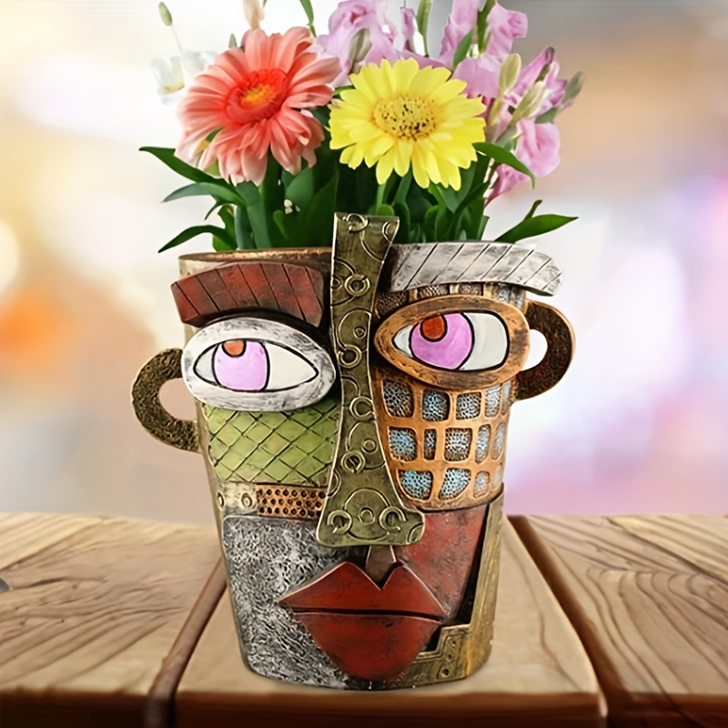 

artistic Elegance" -inspired Abstract Face Planter - Large Resin Flower Pot For Indoor & Outdoor Decor, Rust-resistant, Vintage Style