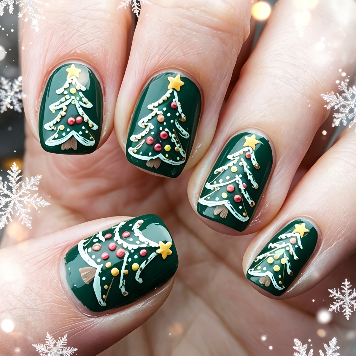 TEMU Christmas Short Length 24pcs Glossy Effect Christmas Tree Pattern Fake Nails Green Gradient Nail Stickers Convenient Removable Reusable Wearable