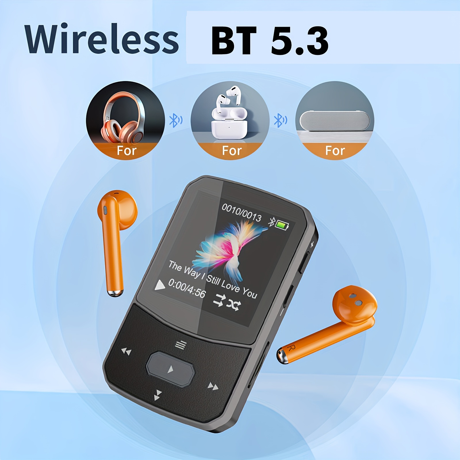 64gb wireless wireless 5 3 mp3 player for kids adults   mini design hifi sound 1 5 tft display fm radio pedometer expandable to 128gb   earphones portable music player fitness tracking device sleek device   control buttons clear display screen     sturdy construction  