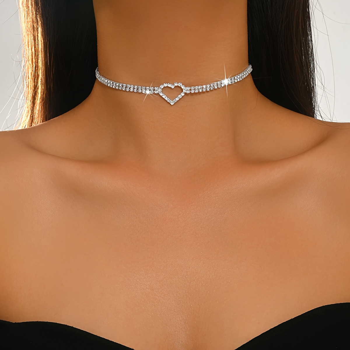 TEMU New Silvery Heart-shaped Rhinestone Tennis Chain Necklace, Hollow Heart Collarbone Chain, Light Luxury Versatile Neck Chain, Holiday Gift