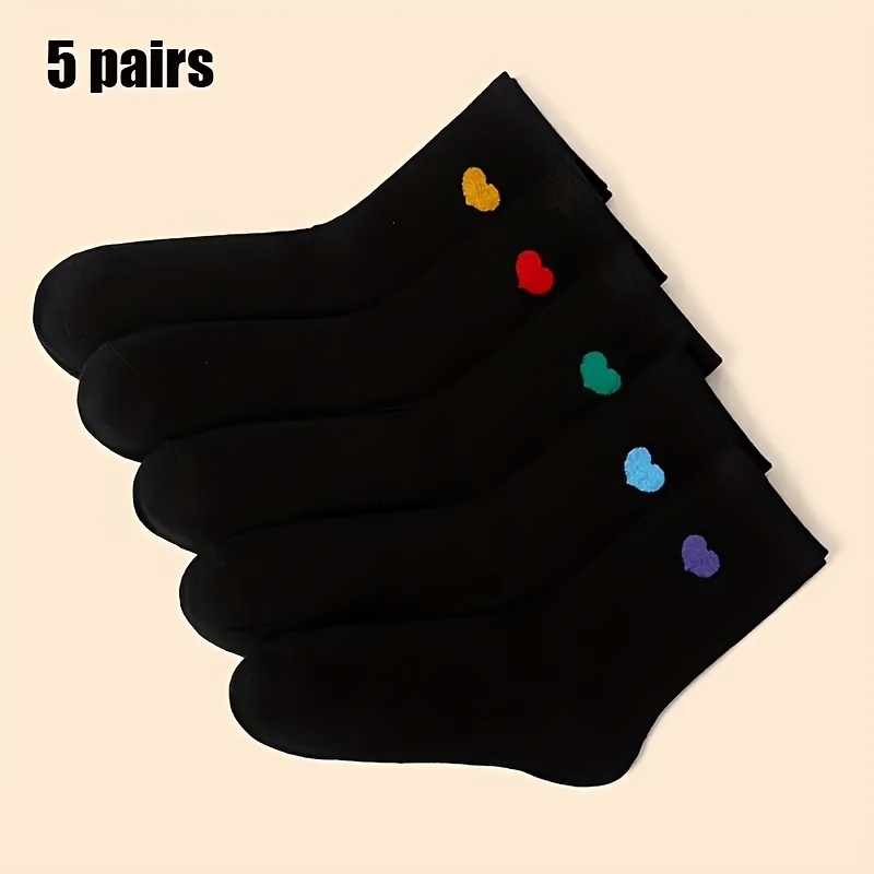 

5 Paires/10 Paires de Chaussettes Noires à Motif d' Cartoon, Couleur Unie, , pour Fille Collégienne , Quotidienne et Décontractée