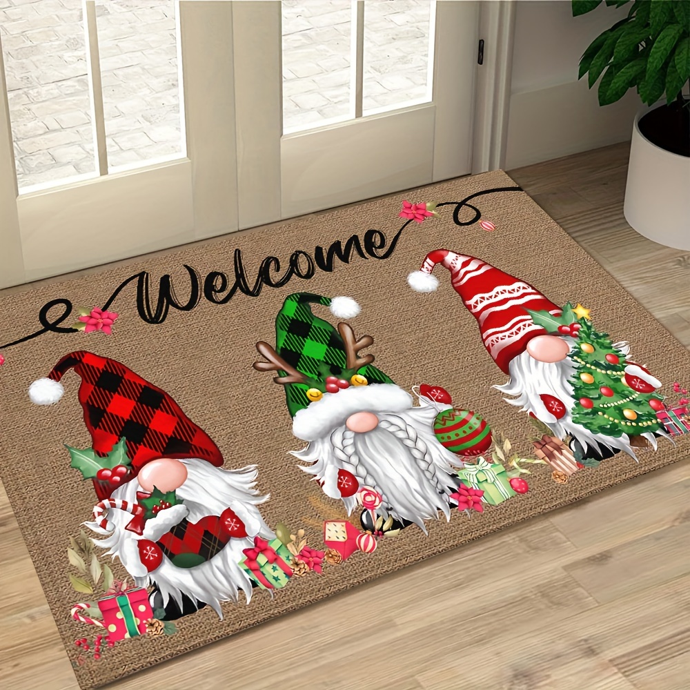 festive christmas gnome welcome doormat 6mm thick   polyester with non slip rubber backing machine washable rectangular holiday floor mat featuring three gnomes with seasonal charms     decor and christmas gifts christmas decoration   pattern accents polyester doormat details 6