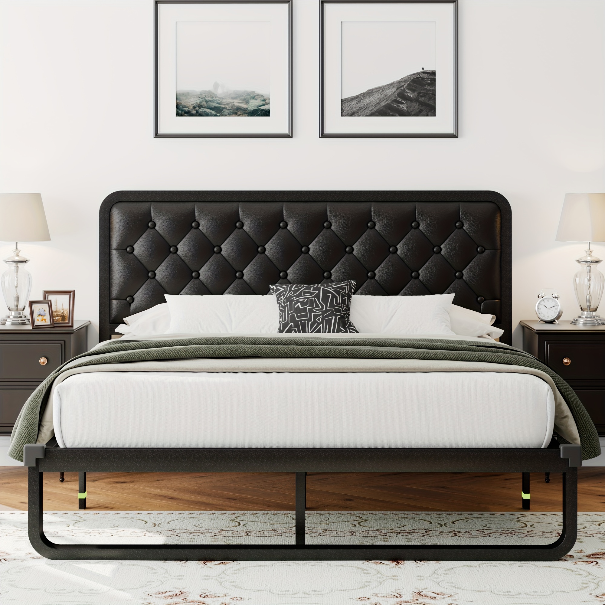 

Metal Bed Frame With Button Tufted Upholstered Headboard, Heavy Duty Platform Bed Frame With 12" Storage, No Box Spring Needed