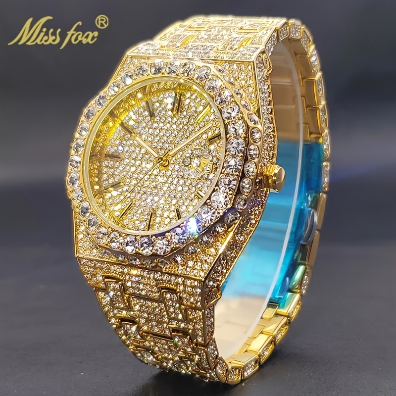 Hip Hop Ice Out Rhinestone Watch for Men with Night Light