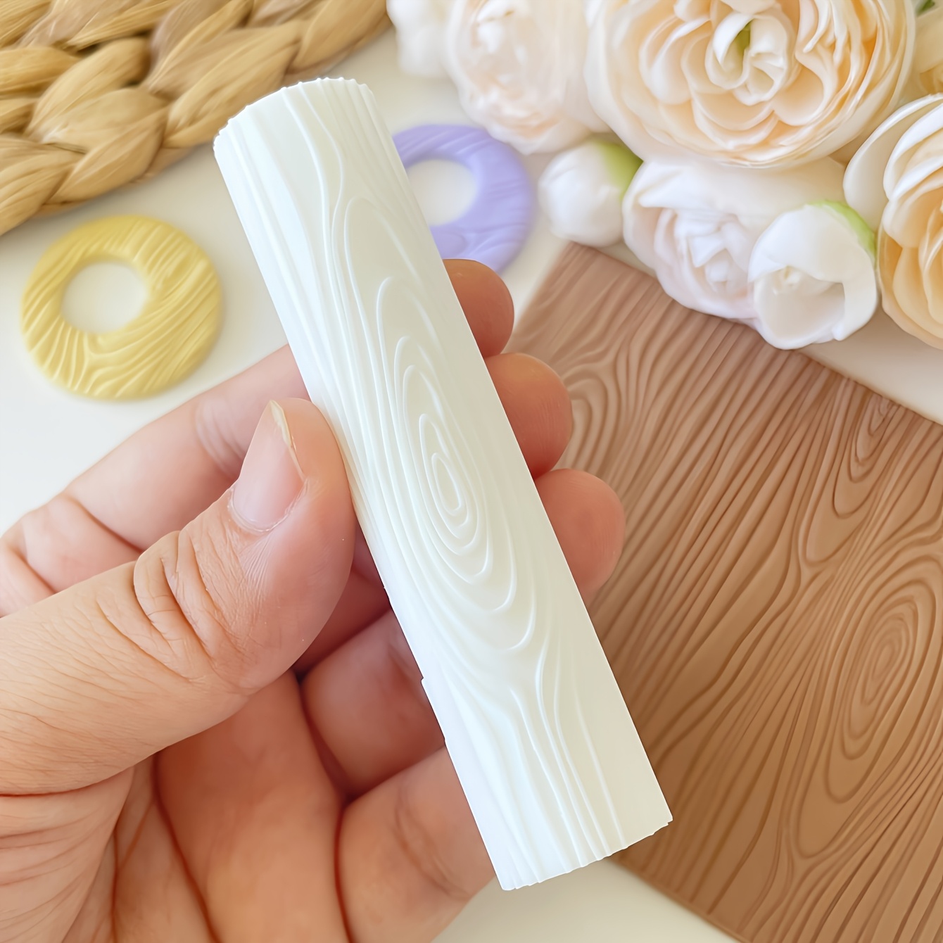 TEMU 1pc Woodgrain Texture Roller Polymer Clay Tools Hand Roller Clay Texture Tool Tools Floral Texture Botanical Texture