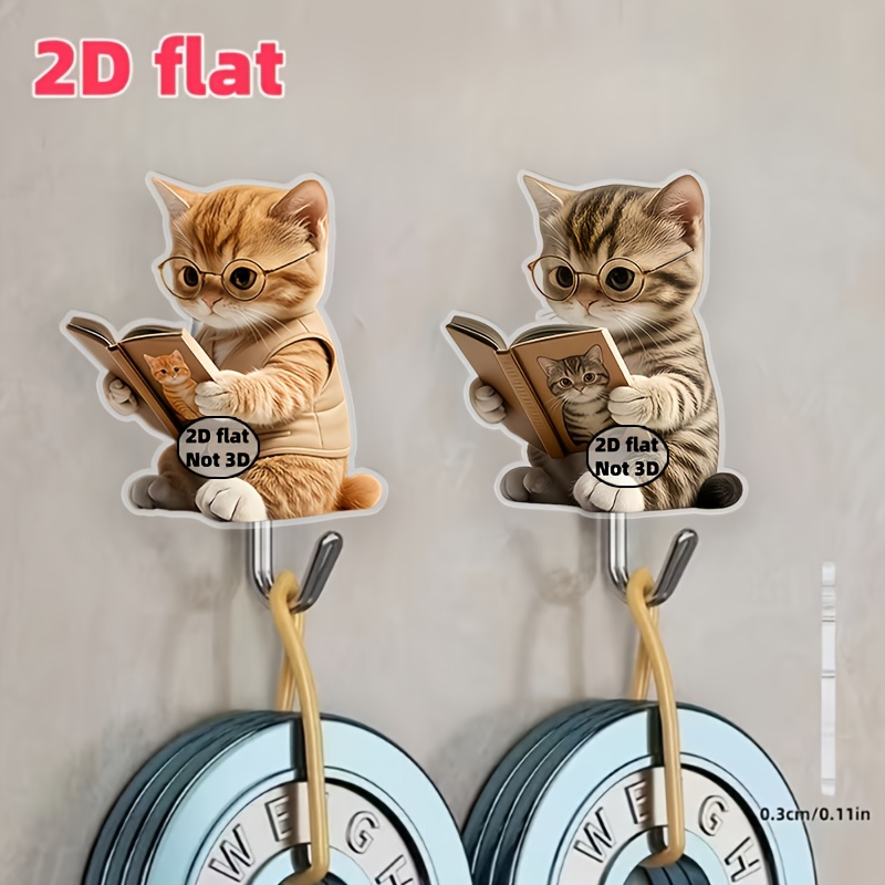 TEMU 2pcs Set Of 2d Flat Adhesive Hooks, Featuring A Cute Wearing Glasses And Reading Pattern, Suitable For Kitchen, Bathroom, And Room Decoration.