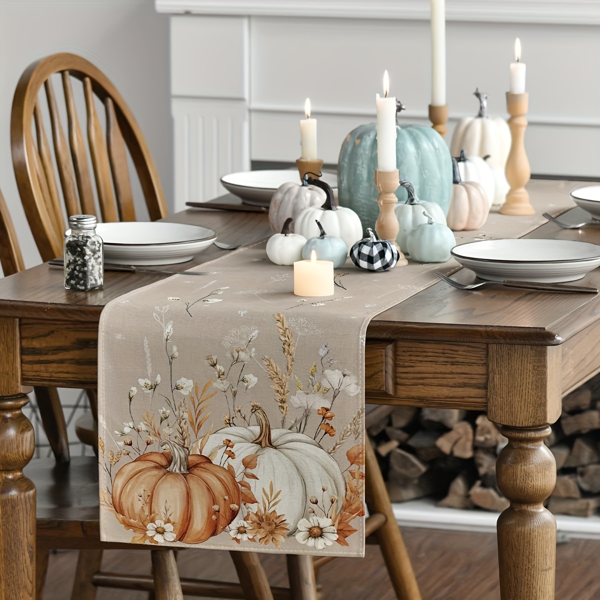 Orange/silvery Autumn Pumpkin Leaf Floral Table Runner - Decor Washable Reusable Polyester, Multi- Use For , Coffee Bar, Seasonal Parties - Durable Easy Clean