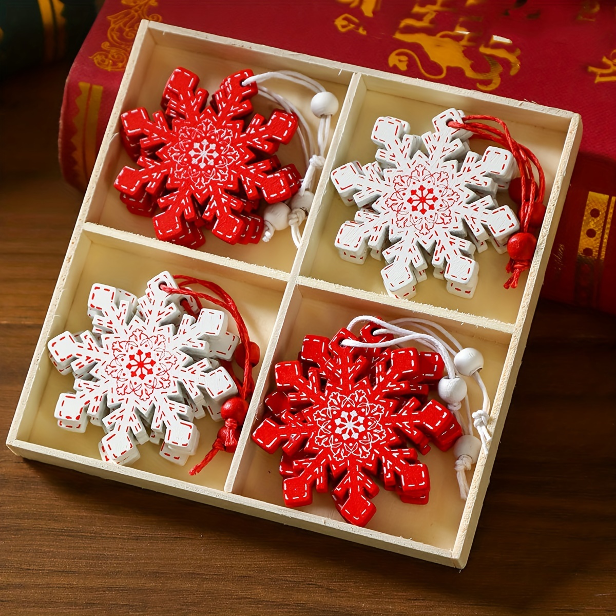 

12- Wooden Ornaments - 100% Polyester Red & Decorations For Christmas, Halloween, , & New 's - -free Hanging Accents For Seasonal Parties