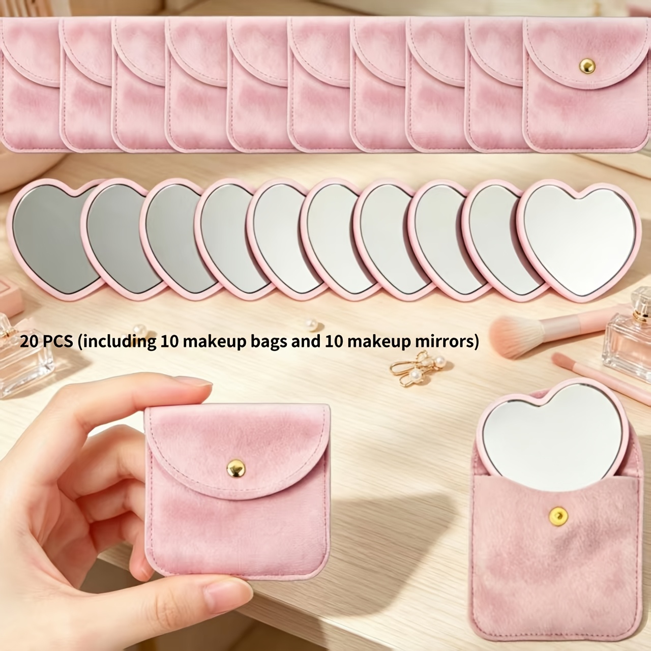 TEMU 20pcs Velvet Pink Makeup Bag And Heart-shaped , Including 10 Makeup Bags And 10 Heart-shaped Mini Mirrors. -shaped Mini Mirrors Come With Soft