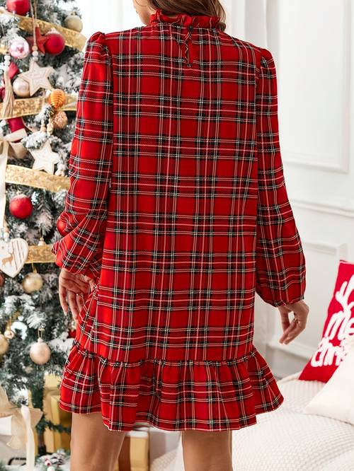 1pc elegant womens long sleeve christmas dress polyester a line tiered skirt with stand collar woven fabric for adults autumn