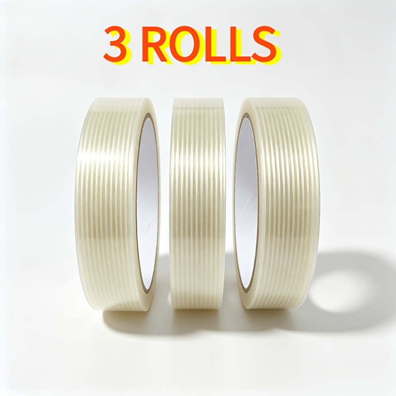 TEMU 3 Rolls 2cm X 10m Fiberglass Filament Tape, 0.79in X 393.7in Clear Vertical Striped Reinforced Strapping Tape, Super High Tensile Tear Resistant