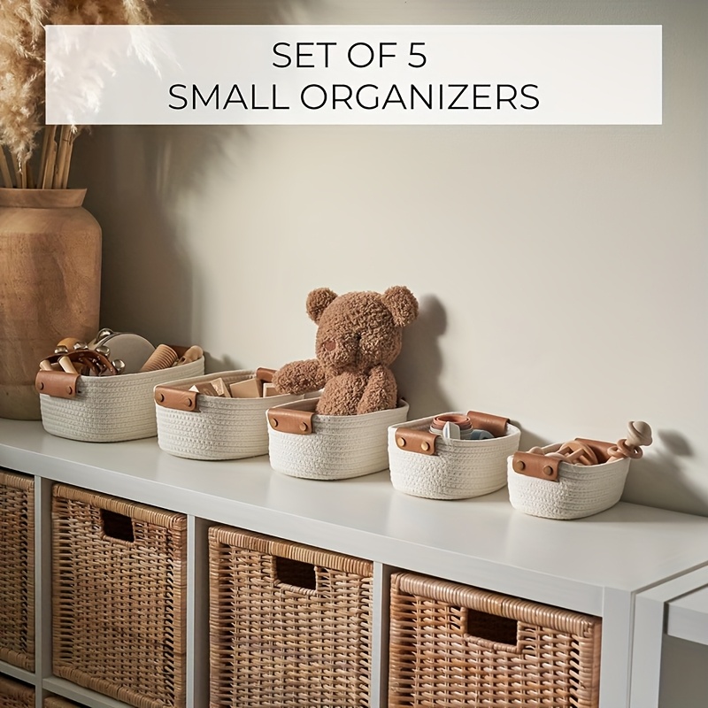 5pcs Elegant Jute Storage Baskets - Durable Cotton Rope Design, Perfect for Organizing Home Decor, Baby Room, or Bedroom, Multipurpose Use, Home Organization | Decorative Storage | Durable Construction, Storage Bins, Shelf Baskets